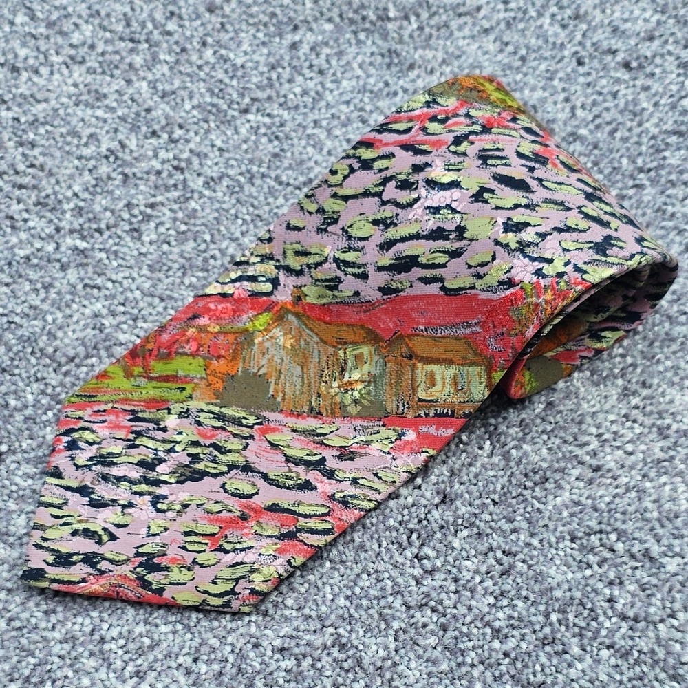 Vintage Brioni rare gold chain tag Impressionist Landscape men's Silk tie Italy